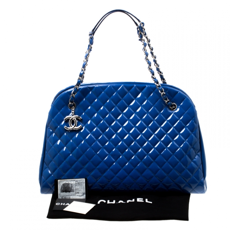 Pre Owned Chanel Blue Quilted Patent Leather Large Just Mademoiselle Bowling Bag