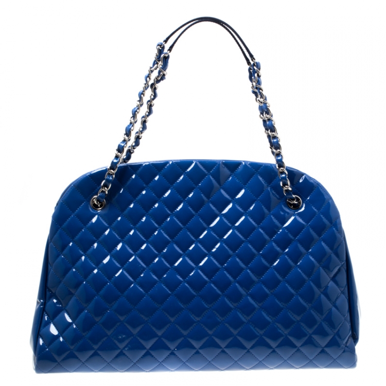 Pre Owned Chanel Blue Quilted Patent Leather Large Just Mademoiselle Bowling Bag