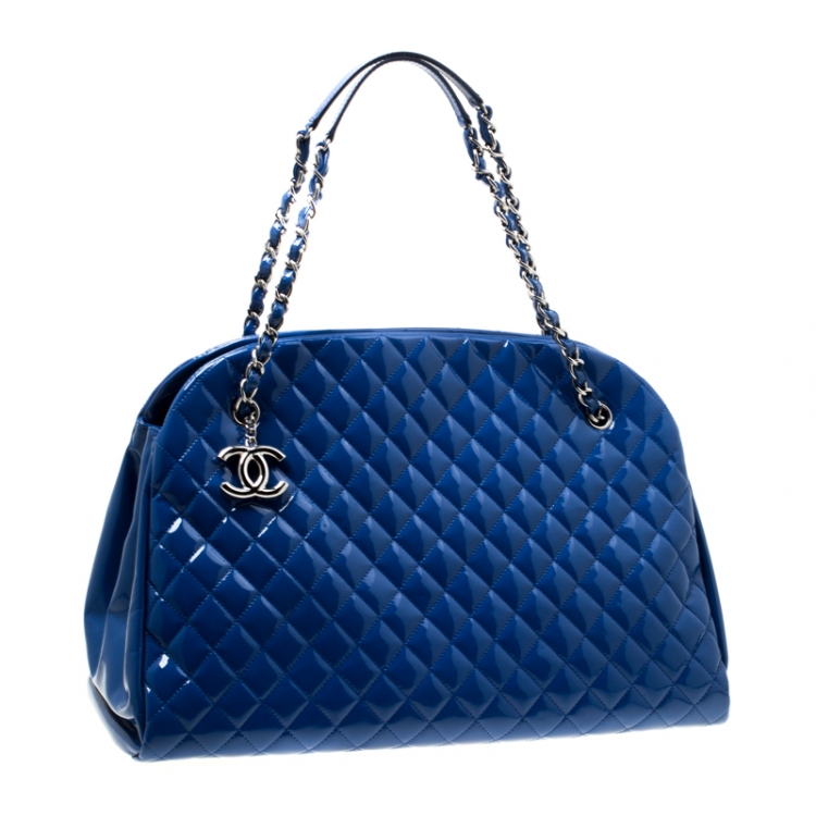 Pre Owned Chanel Blue Quilted Patent Leather Large Just Mademoiselle Bowling Bag