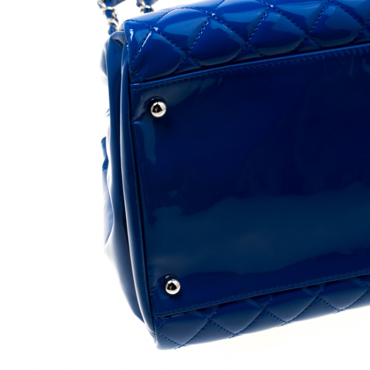 Pre Owned Chanel Blue Quilted Patent Leather Large Just Mademoiselle Bowling Bag