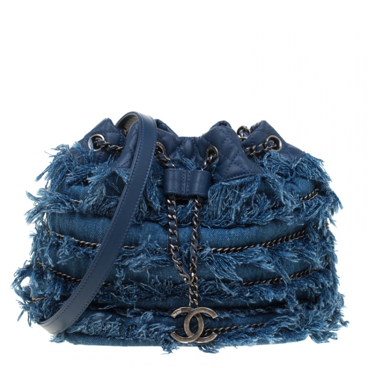 Chanel Denim Mood Chain Bucket Bag Logo Printed Quilted Fringe