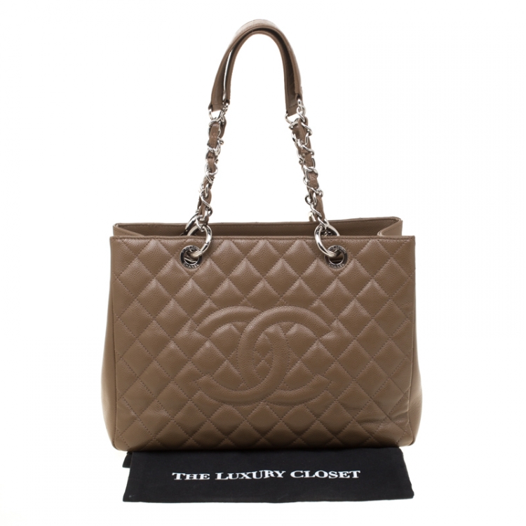 Pre Owned Chanel Taupe Quilted Caviar Leather Grand Shopper Tote