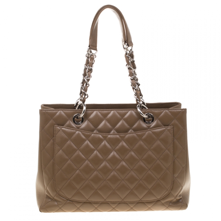 Pre Owned Chanel Taupe Quilted Caviar Leather Grand Shopper Tote