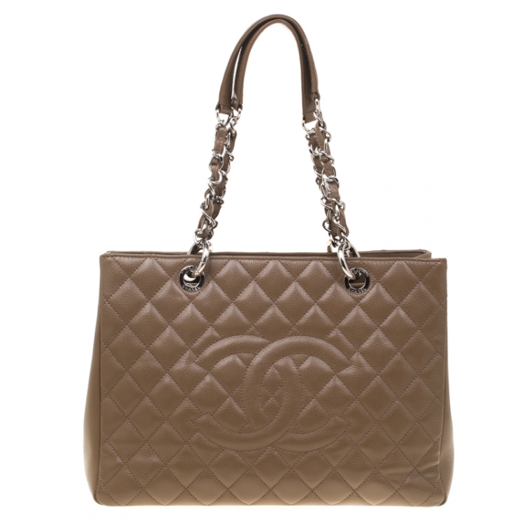 Pre Owned Chanel Taupe Quilted Caviar Leather Grand Shopper Tote