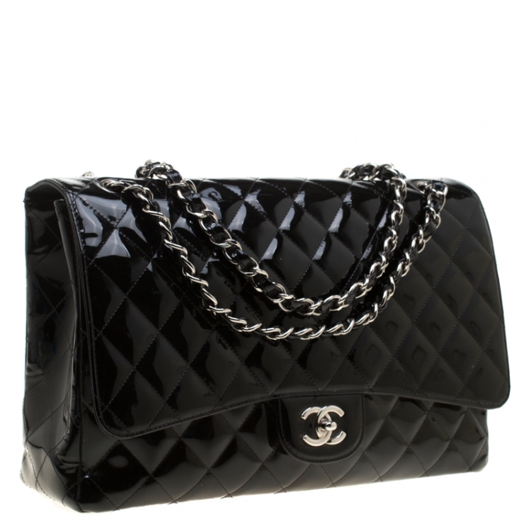 Pre Owned Chanel Black Quilted Patent Leather Maxi Classic Single Flap Bag