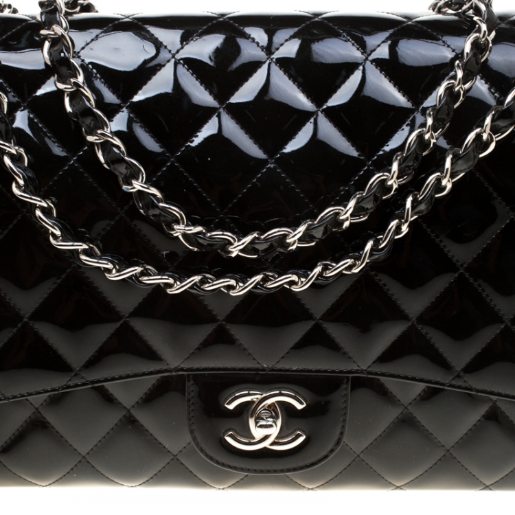 Pre Owned Chanel Black Quilted Patent Leather Maxi Classic Single Flap Bag