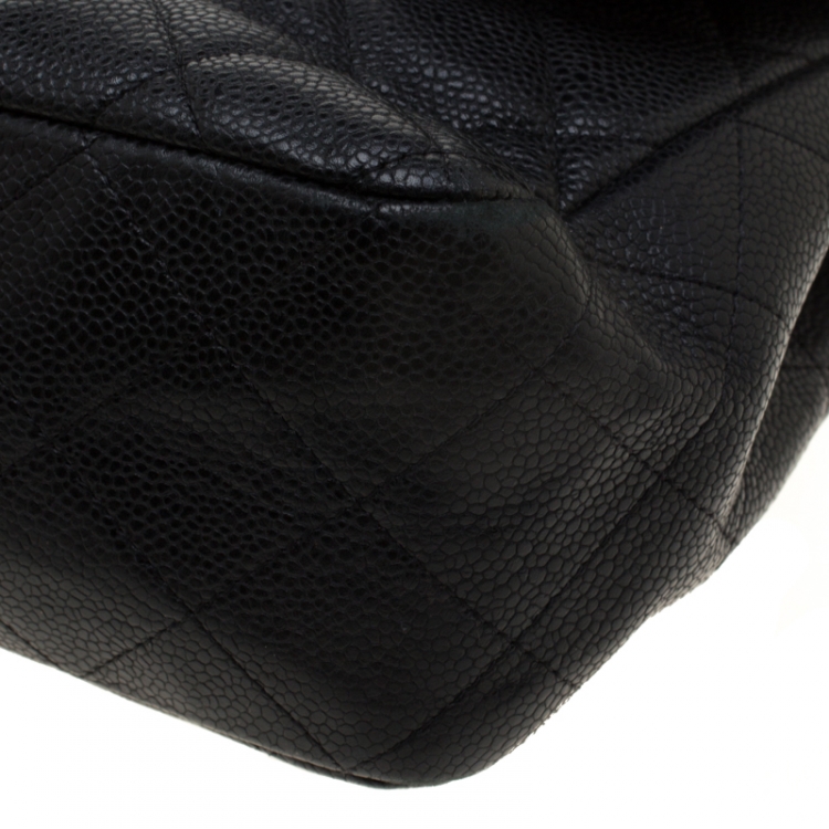 Pre Owned Chanel Black Quilted Caviar Leather Jumbo Classic Single Flap Bag