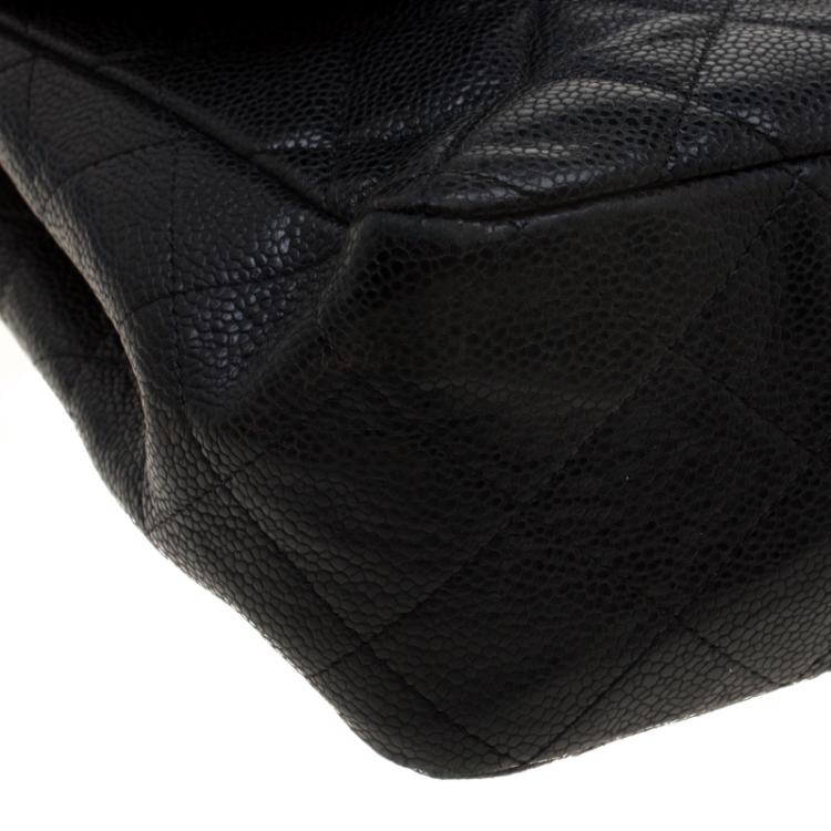 Pre Owned Chanel Black Quilted Caviar Leather Jumbo Classic Single Flap Bag