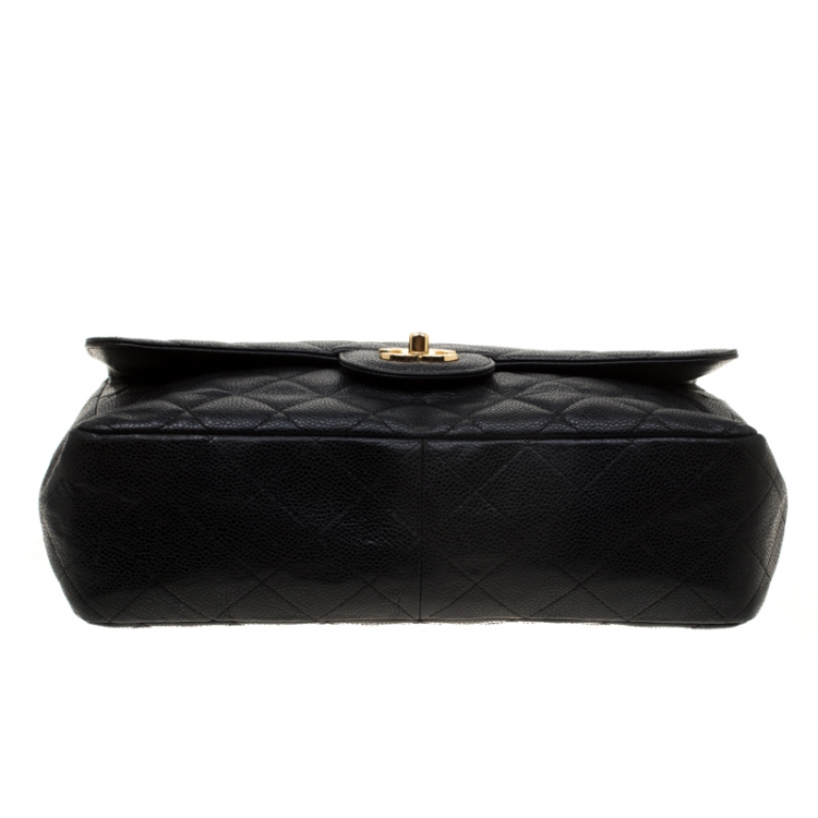 Pre Owned Chanel Black Quilted Caviar Leather Jumbo Classic Single Flap Bag