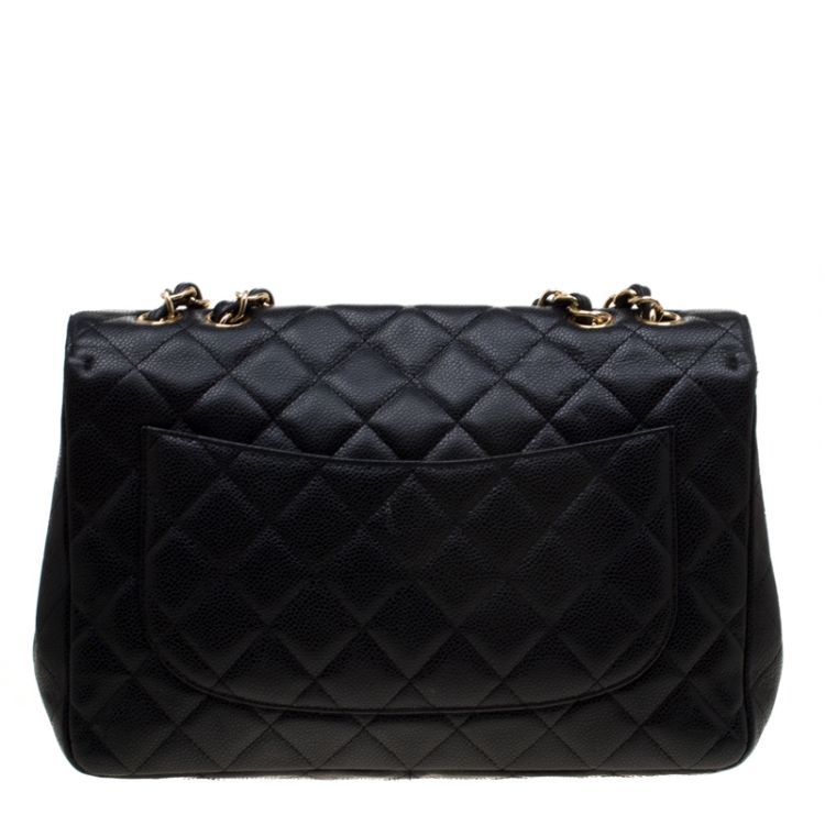 Pre Owned Chanel Black Quilted Caviar Leather Jumbo Classic Single Flap Bag