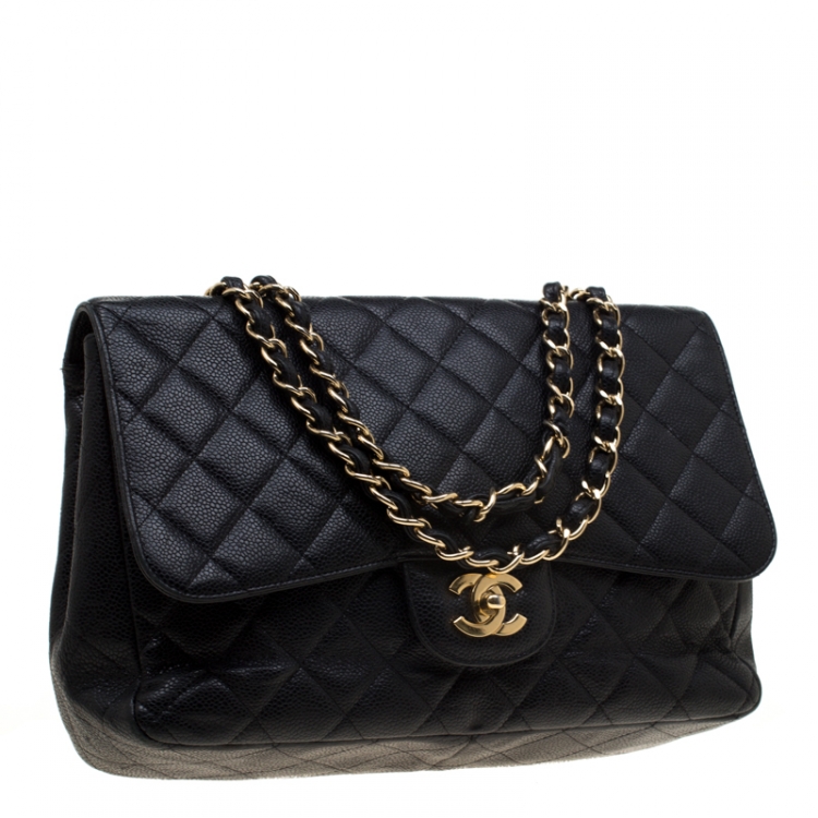 Pre Owned Chanel Black Quilted Caviar Leather Jumbo Classic Single Flap Bag