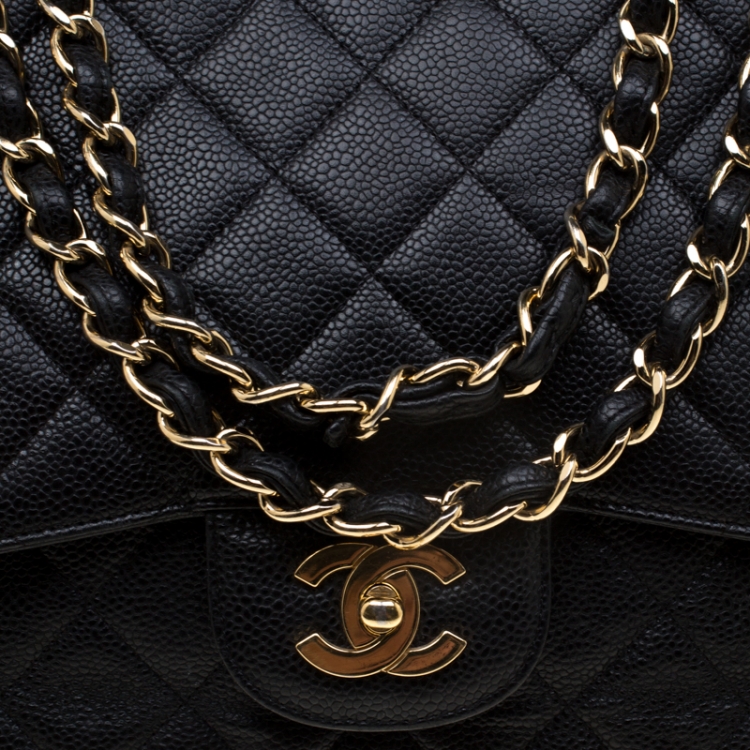 Pre Owned Chanel Black Quilted Caviar Leather Jumbo Classic Single Flap Bag