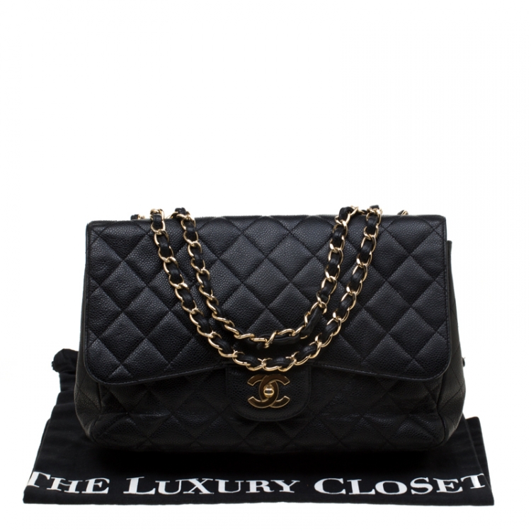 Pre Owned Chanel Black Quilted Caviar Leather Jumbo Classic Single Flap Bag