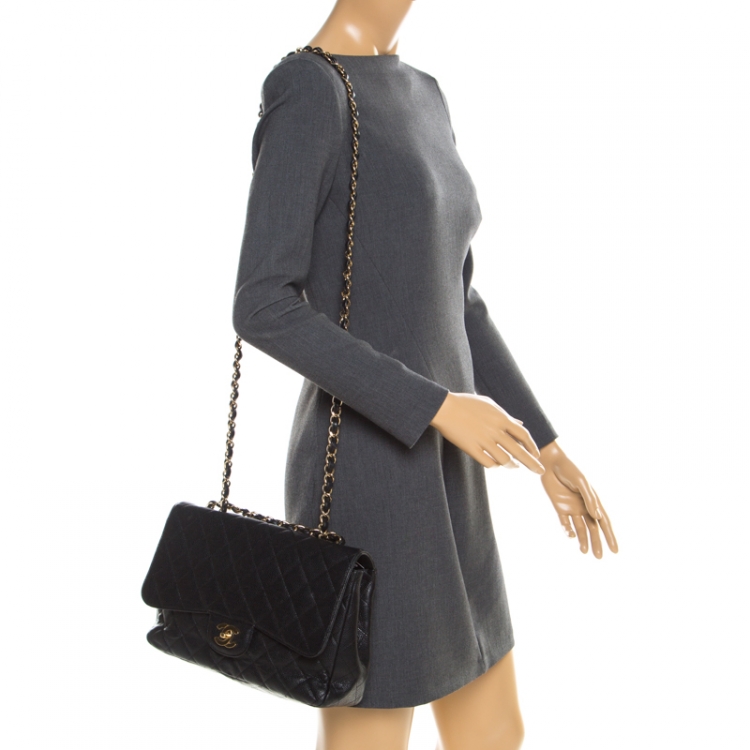 Pre Owned Chanel Black Quilted Caviar Leather Jumbo Classic Single Flap Bag