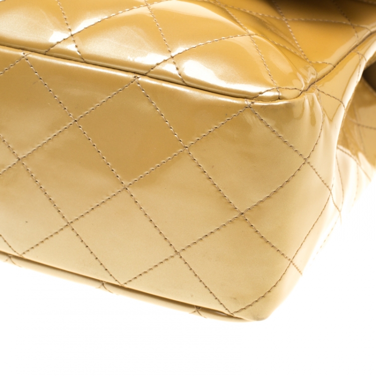 Pre Owned Chanel Gold Quilted Patent Leather Jumbo Classic Single Flap Bag