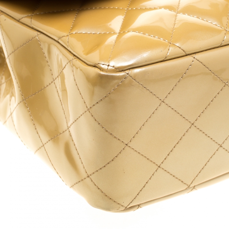Pre Owned Chanel Gold Quilted Patent Leather Jumbo Classic Single Flap Bag