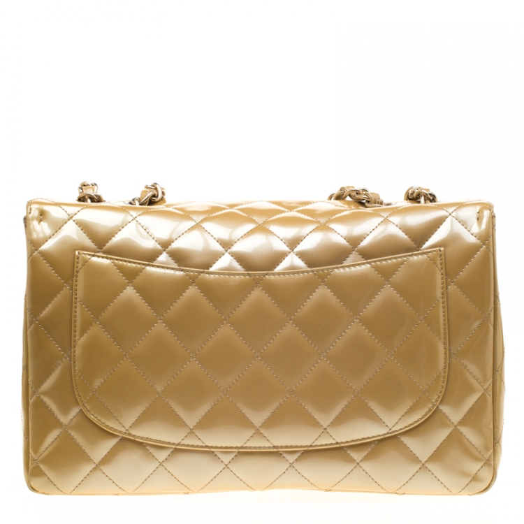 Pre Owned Chanel Gold Quilted Patent Leather Jumbo Classic Single Flap Bag