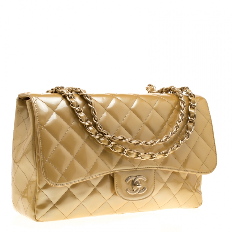Pre Owned Chanel Gold Quilted Patent Leather Jumbo Classic Single Flap Bag
