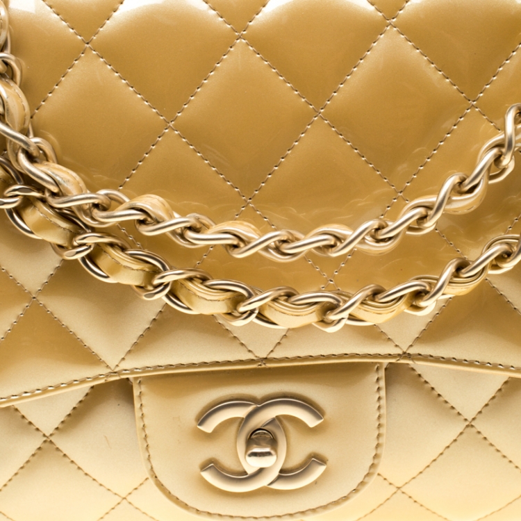 Pre Owned Chanel Gold Quilted Patent Leather Jumbo Classic Single Flap Bag