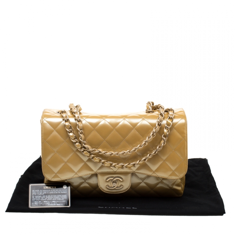 Pre Owned Chanel Gold Quilted Patent Leather Jumbo Classic Single Flap Bag