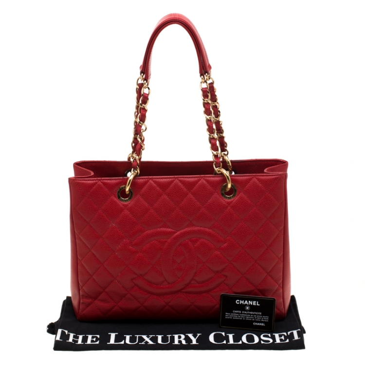 Pre Owned Chanel Red Quilted Caviar Leather Grand Shopper Tote