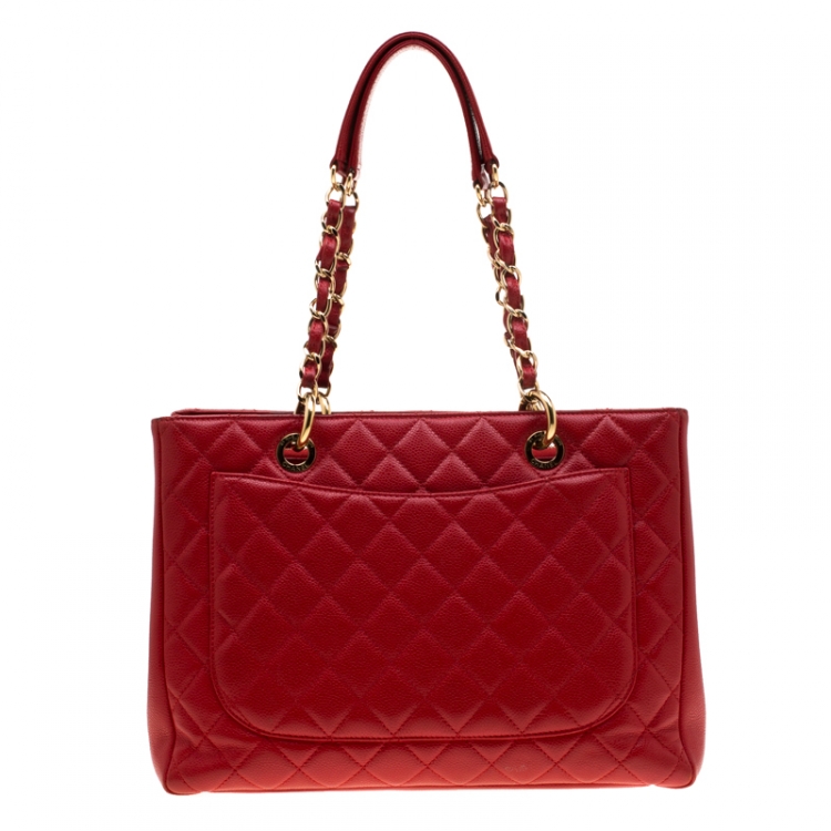 Pre Owned Chanel Red Quilted Caviar Leather Grand Shopper Tote