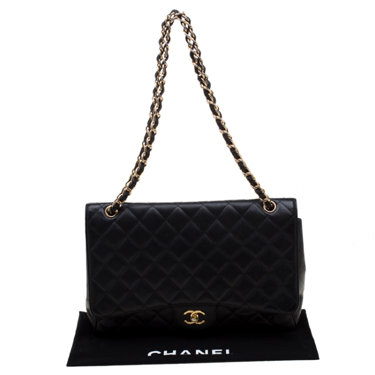 Pre Owned Chanel Black Quilted Caviar Leather Maxi Classic Single Flap Bag