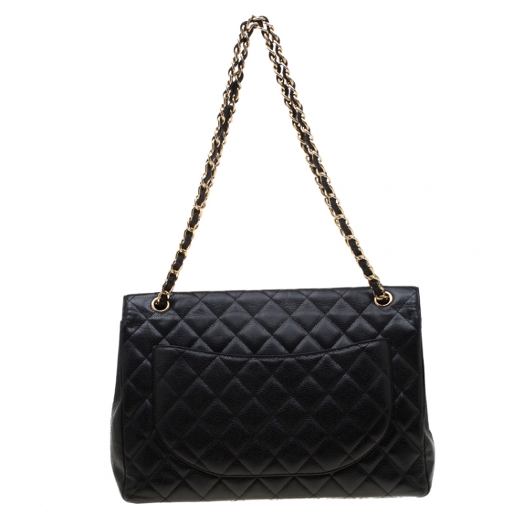 Pre Owned Chanel Black Quilted Caviar Leather Maxi Classic Single Flap Bag
