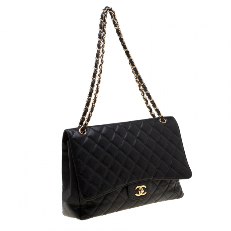 Pre Owned Chanel Black Quilted Caviar Leather Maxi Classic Single Flap Bag