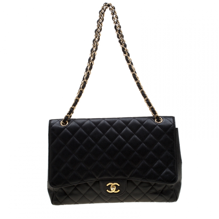 Pre Owned Chanel Black Quilted Caviar Leather Maxi Classic Single Flap Bag