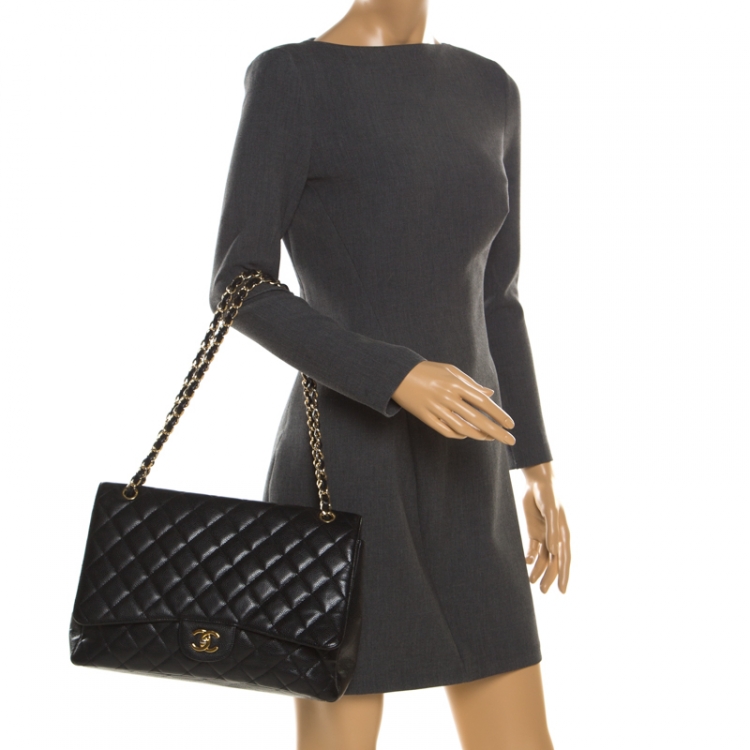 Pre Owned Chanel Black Quilted Caviar Leather Maxi Classic Single Flap Bag