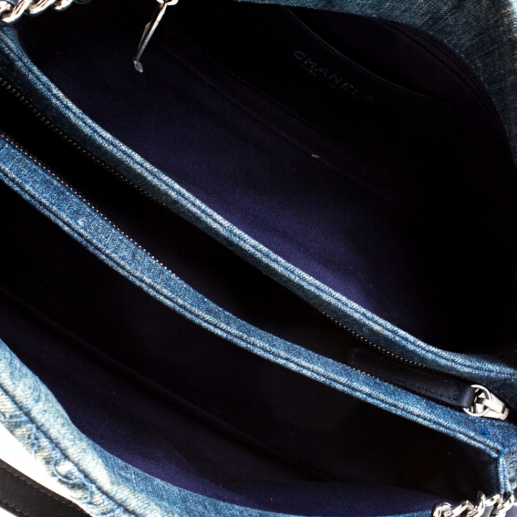Pre Owned Chanel Blue Camellia Embroidered Denim Just Mademoiselle Bowling Bag