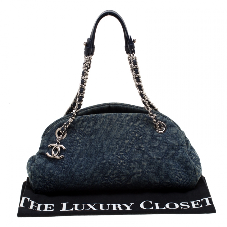 Pre Owned Chanel Blue Camellia Embroidered Denim Just Mademoiselle Bowling Bag