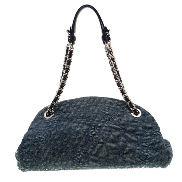 Pre Owned Chanel Blue Camellia Embroidered Denim Just Mademoiselle Bowling Bag