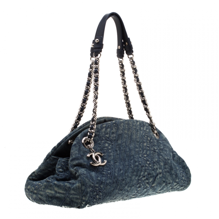 Pre Owned Chanel Blue Camellia Embroidered Denim Just Mademoiselle Bowling Bag