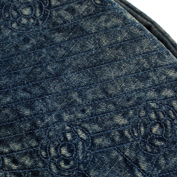 Pre Owned Chanel Blue Camellia Embroidered Denim Just Mademoiselle Bowling Bag