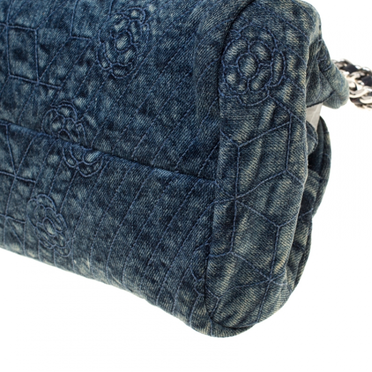 Pre Owned Chanel Blue Camellia Embroidered Denim Just Mademoiselle Bowling Bag