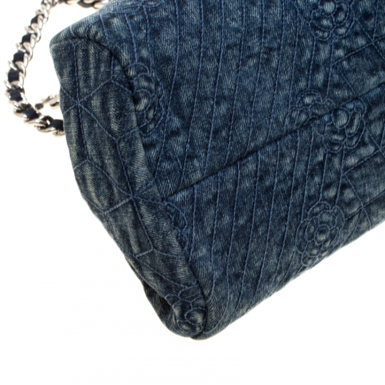 Pre Owned Chanel Blue Camellia Embroidered Denim Just Mademoiselle Bowling Bag