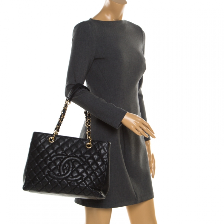 Pre Owned Chanel Black Quilted Caviar Leather Grand Shopper Tote