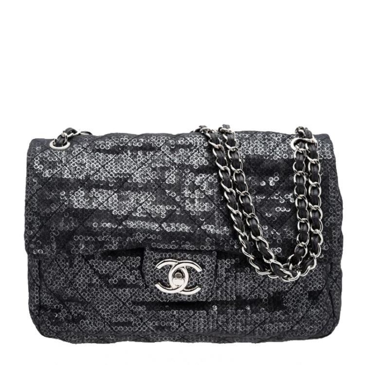 Chanel Hidden Sequins Mesh Jumbo Classic Flap Shoulder Bag