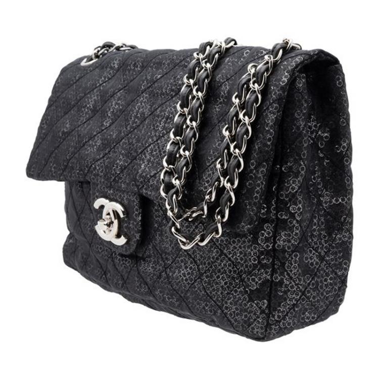 Chanel Black Sequins Mesh Jumbo Classic Flap Bag Chanel