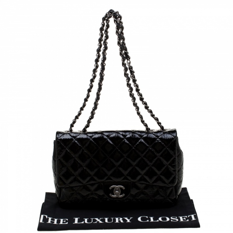 Pre Owned Chanel Black Quilted Patent Leather Jumbo Classic Single Flap Bag