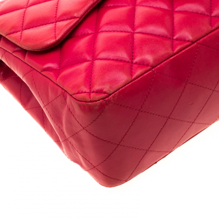Pre Owned Chanel Red Quilted Leather Jumbo Classic Single Flap Bag