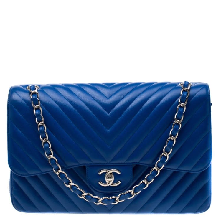 CHANEL Chevron Quilted Leather Flap Bag Royal Blue
