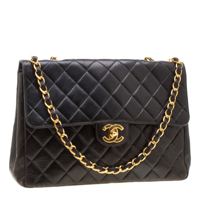 Pre Owned Chanel Black Leather Jumbo Classic Single Flap Bag