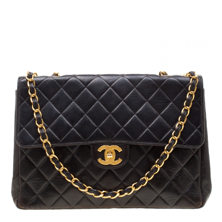 Pre Owned Chanel Black Leather Jumbo Classic Single Flap Bag