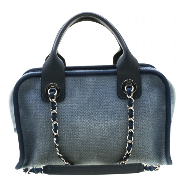 Pre Owned Chanel Blue Denim Deauville Bowling Bag