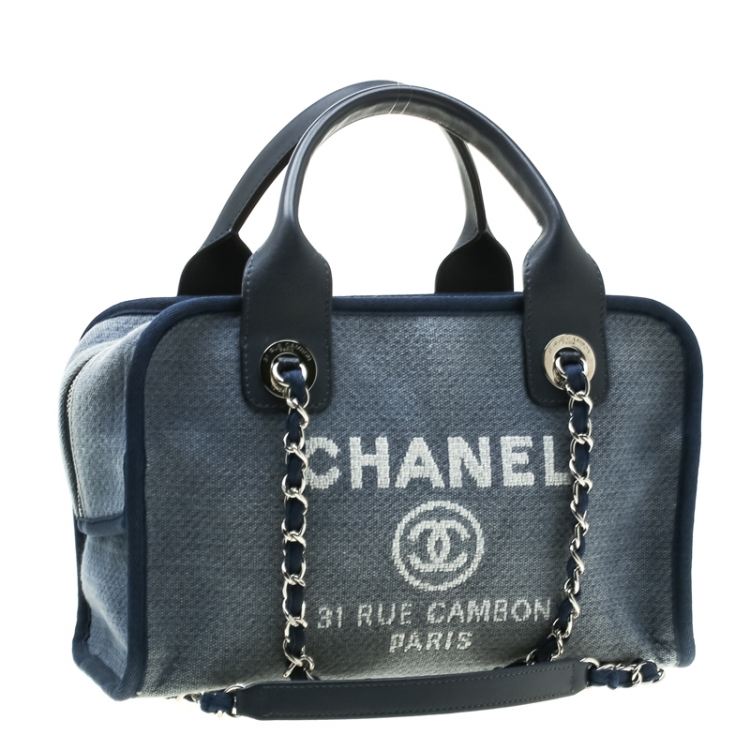 Pre Owned Chanel Blue Denim Deauville Bowling Bag