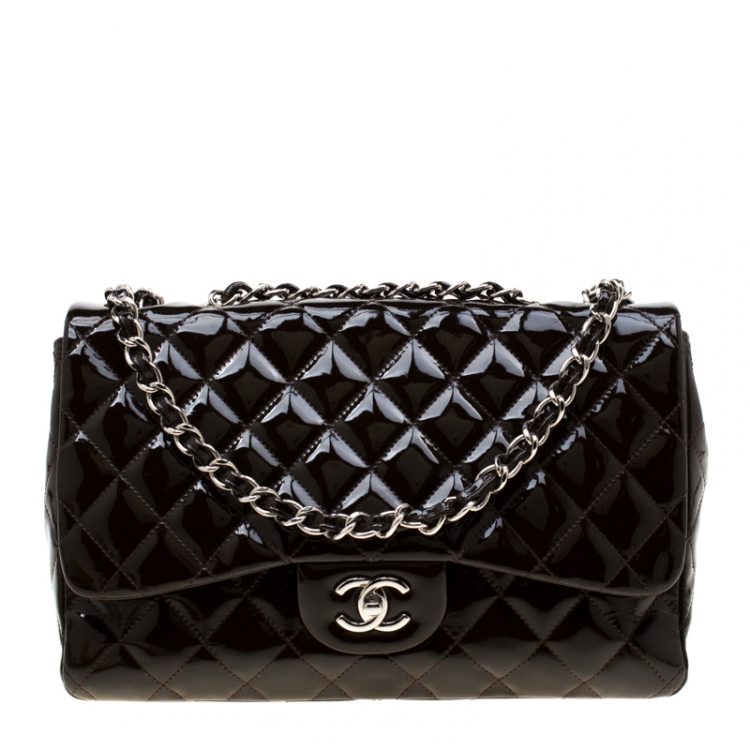 Pre Owned Chanel Dark Brown Quilted Patent Leather Jumbo Classic Single Flap Bag