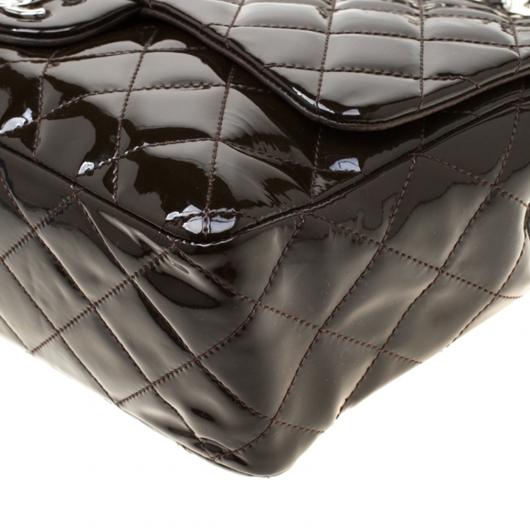 Pre Owned Chanel Dark Brown Quilted Patent Leather Jumbo Classic Single Flap Bag